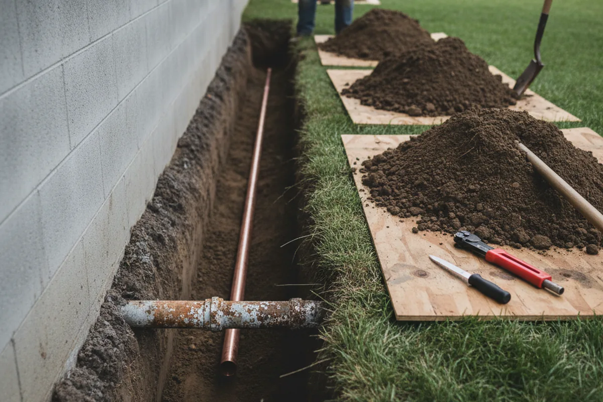 Excavated water line trench during Water Softener Installation in Harwich Port